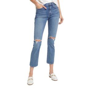 NWT Womens Edwin Elin Crop Straight-Leg, High Waist Distressed Blue Jeans Sz 31